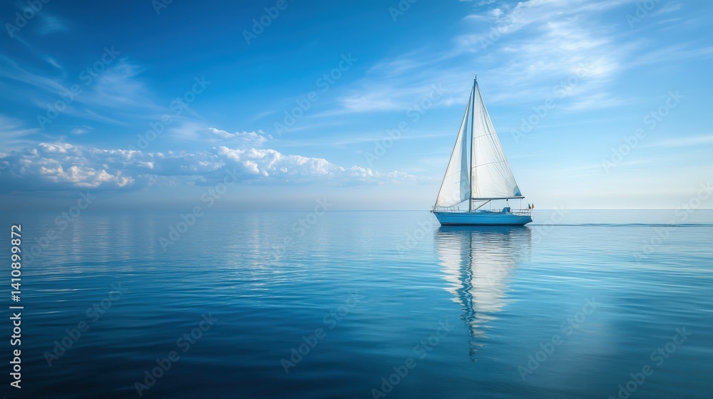 Obraz premium A serene sailboat gliding across a calm, reflective ocean under a vast, cloud-filled sky.