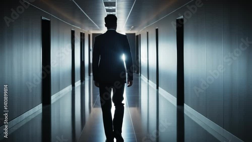 Silhouette of a man walking in dark corridor motion picture. Businessman in suit walking away in dramatic lighting, concept for leadership and goals footage.