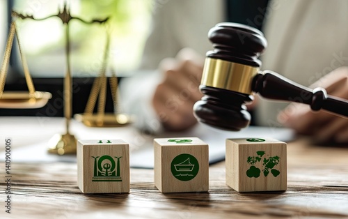 Wooden blocks depict legal aspects of inheritance, wills, and estate planning, symbolized by a gavel and scales of justice