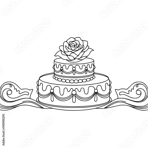 Elegant Line Art Cake with Rose: Invitation Design Element