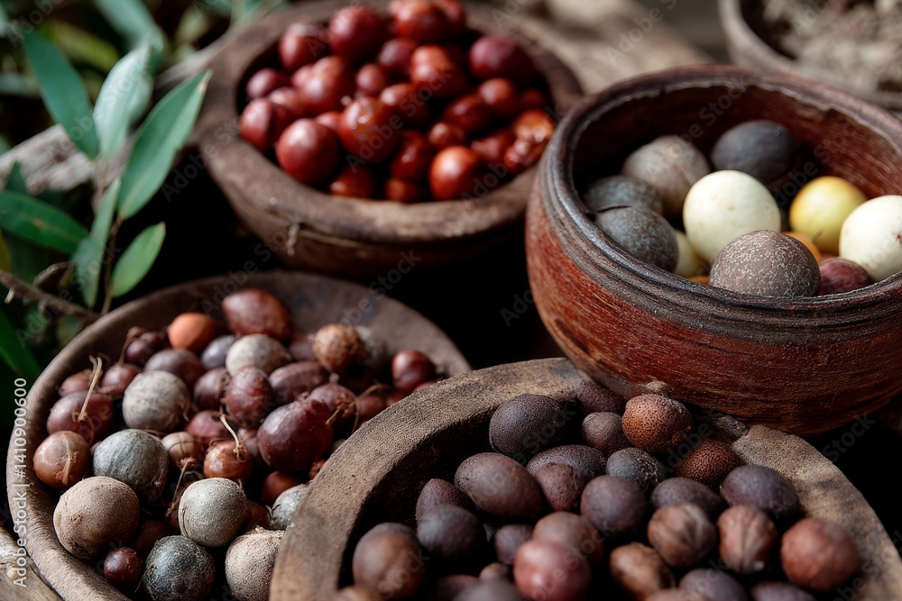 A captivating macro shot showcases a collection of colorful seeds and fruits in wooden bowls. A captivating macro shot showcases a collection of colorful seeds and fruits in wooden bowls.