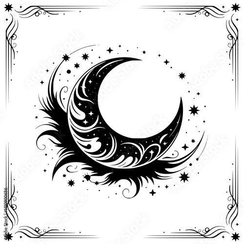 Celestial Crescent Moon with Stars, Decorative Vector Design