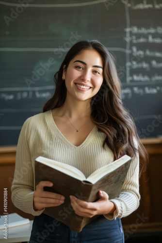 A smiling young woman holding a large book in front of a chalkboard. The academic setting suggests a focus on education and knowledge, creating a positive and studious image.