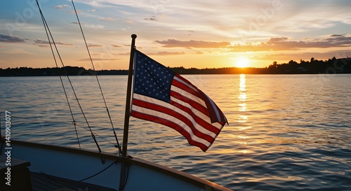 American flag on a sailboat at sunset over calm lake