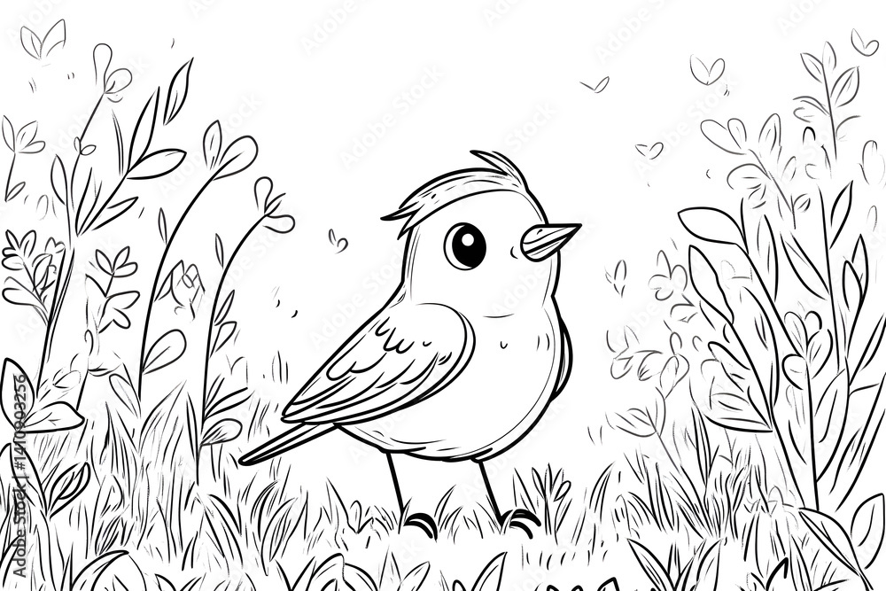 Adorable baby bird grayscale illustration