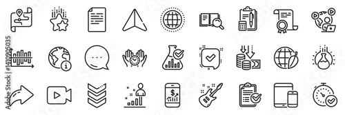 Fast verification , Chemistry experiment and Certificate line icons pack. Share, Message, Paper plane icons. Shoulder strap, Deflation, Environment day web icon. Vector