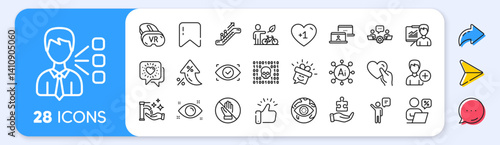 Agent, Binary code and Vr line icons. Interest rate, AI generate, Inflation icons. Pack of Teamwork, Health eye, Presentation icon. Escalator, Online discounts, Smile pictogram. Vector