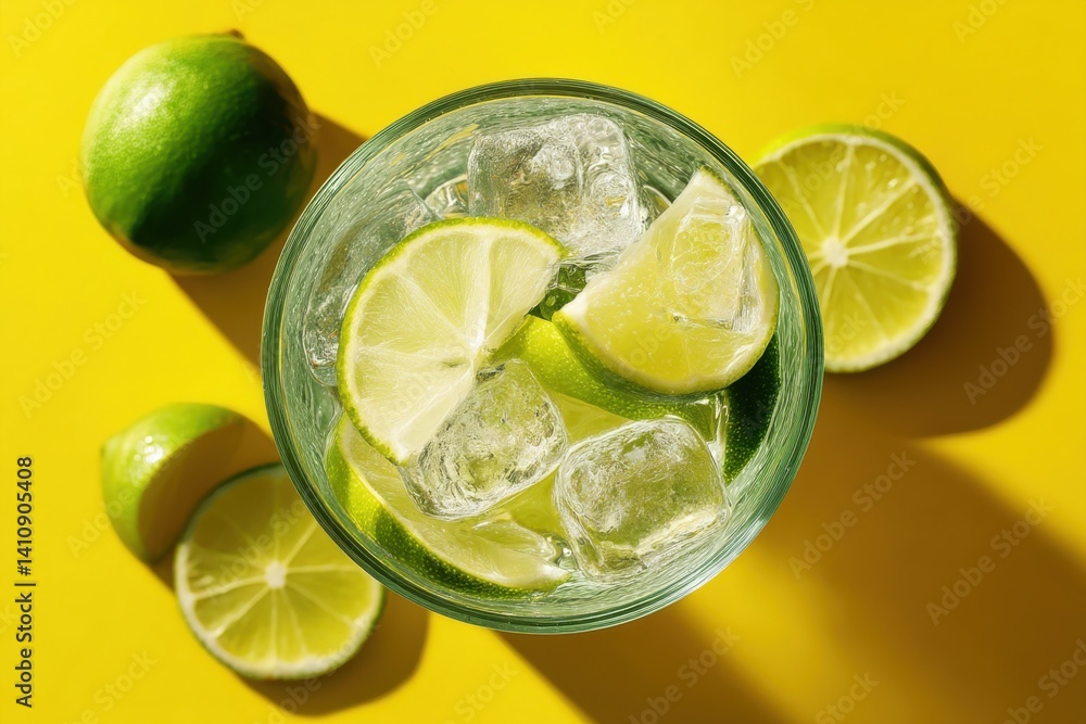 Refreshing cold lemonade with ice served on a bright yellow background with fresh limes for a summer delight