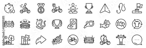 Laureate, Fish and Arena stadium line icons pack. Share, Message, Paper plane icons. Cyclist, Hook, Yoga web icon. Stop fishing, Sports arena, Bicycle pictogram. Vector