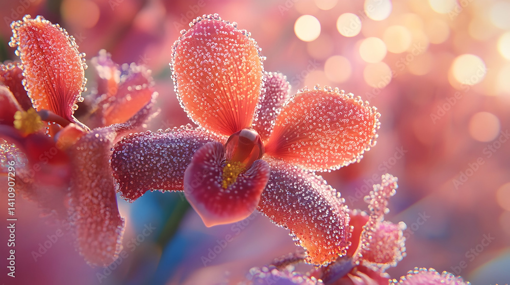 Delicate pink orchids, adorned with morning dew drops. Delicate pink orchids, adorned with morning dew drops.