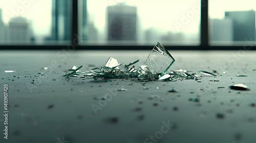 Broken Glass On Grey Floor With City View Through Window