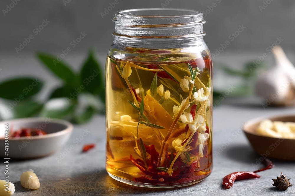 A jar of flavorful infused oil, mixed with aromatic herbs, garlic, and chili peppers. A jar of flavorful infused oil, mixed with aromatic herbs, garlic, and chili peppers.