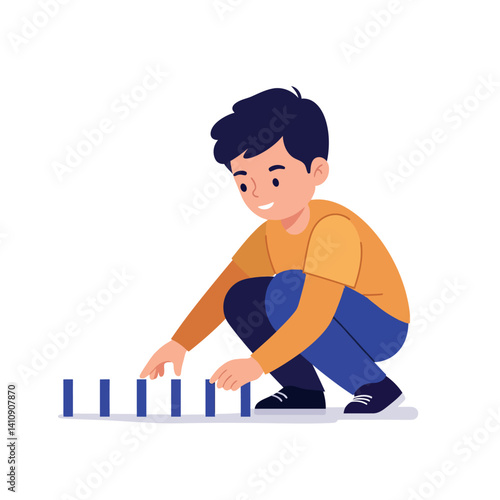 Young boy in orange shirt and blue pants arranging dominoes with focus, flat minimal design, playful indoor activity vector illustration