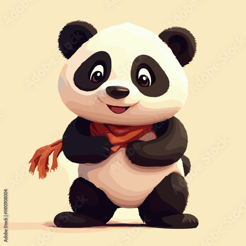 Cute panda smiling warmly while wearing a scarf against a light background  