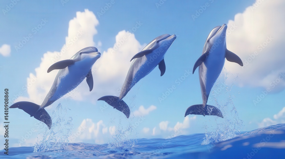 Fototapeta premium Three dolphins leaping through the air above ocean waters