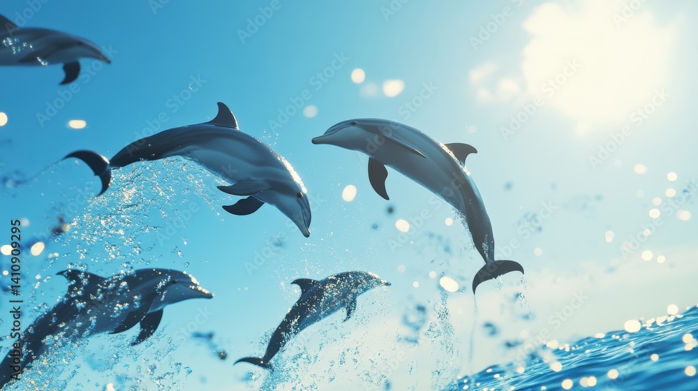 Fototapeta premium Several dolphins leap and play in blue water and sunlight