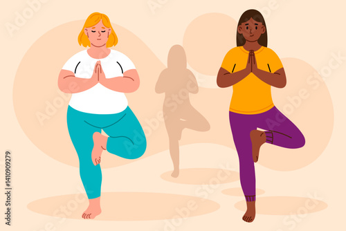 Women of different body types performing tree pose in yoga maintaining balance and focus