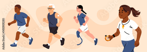 Boy, elderly man, and woman with running blade prosthesis running alongside coach with stopwatch