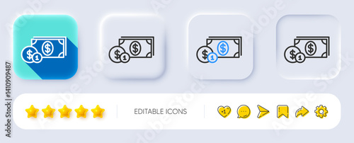 Cash money with Coins line icon. Neumorphic, Flat shadow, 3d buttons. Banking currency sign. Dollar or USD symbol. Line dollar money icon. Social media icons. Vector