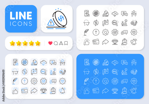 New products, Information bell and Idea lamp line icons for web app. Message, Share, Like social media icons. Pack of Engineering, Cogwheel, Stars pictogram icons. Vector
