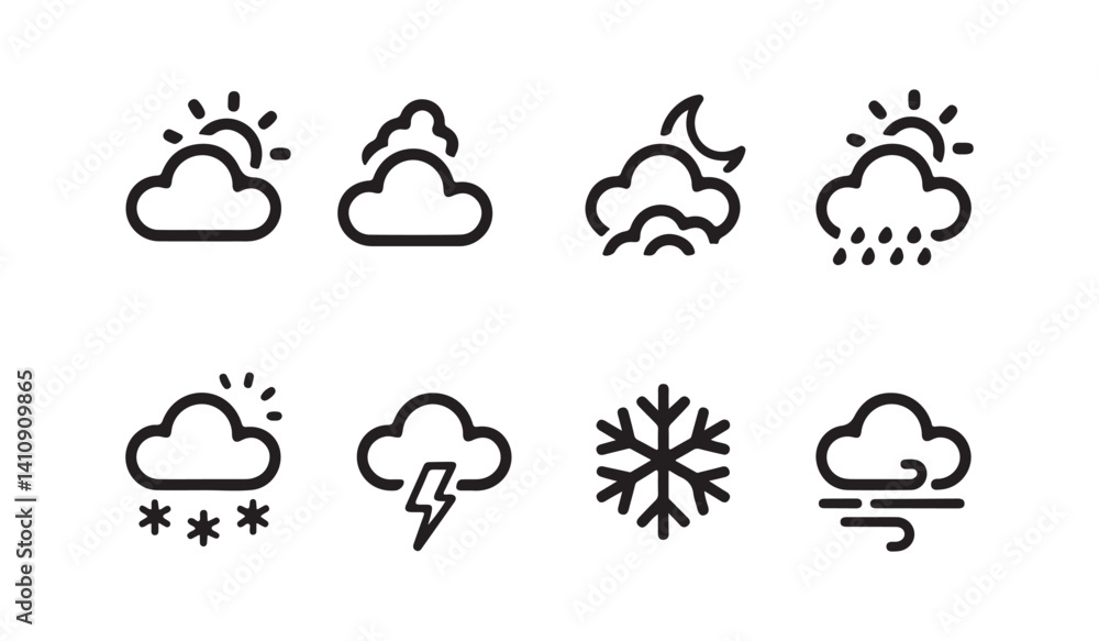 Simple black line weather icons set for various conditions. Simple black line weather icons set for various conditions.