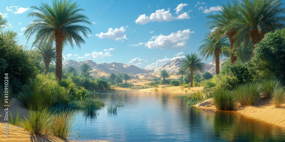 Explore a breathtaking oasis surrounded by lush palms and serene waters under a clear blue sky Explore a breathtaking oasis surrounded by lush palms and serene waters under a clear blue sky