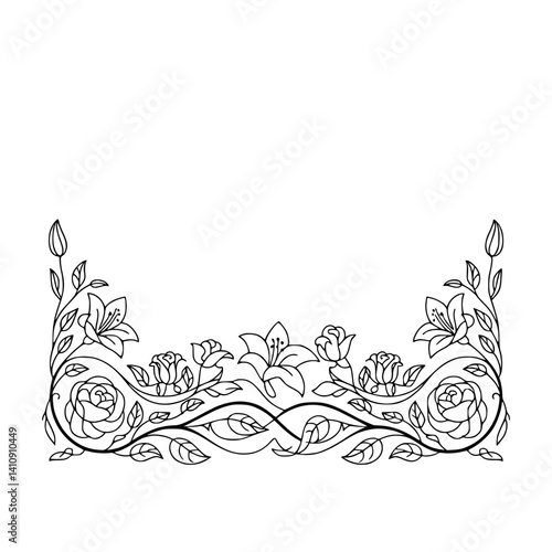 Elegant Floral Border: Black Line Art on White Background