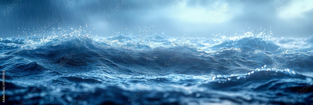 Fototapeta premium Dramatic waves crashing under moody skies near the horizon at twilight, evoking a sense of serene power and natural beauty