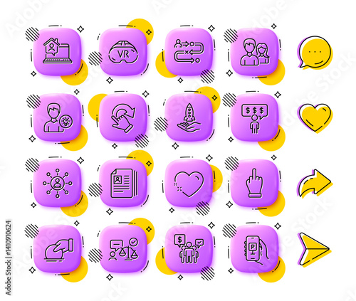 Teamwork, Person idea and Lawyer line icons. App 3d buttons. Social media comment, share, like icons. Pack of Heart, Work home, Donate icon. Couple, Crowdfunding, Middle finger pictogram. Vector