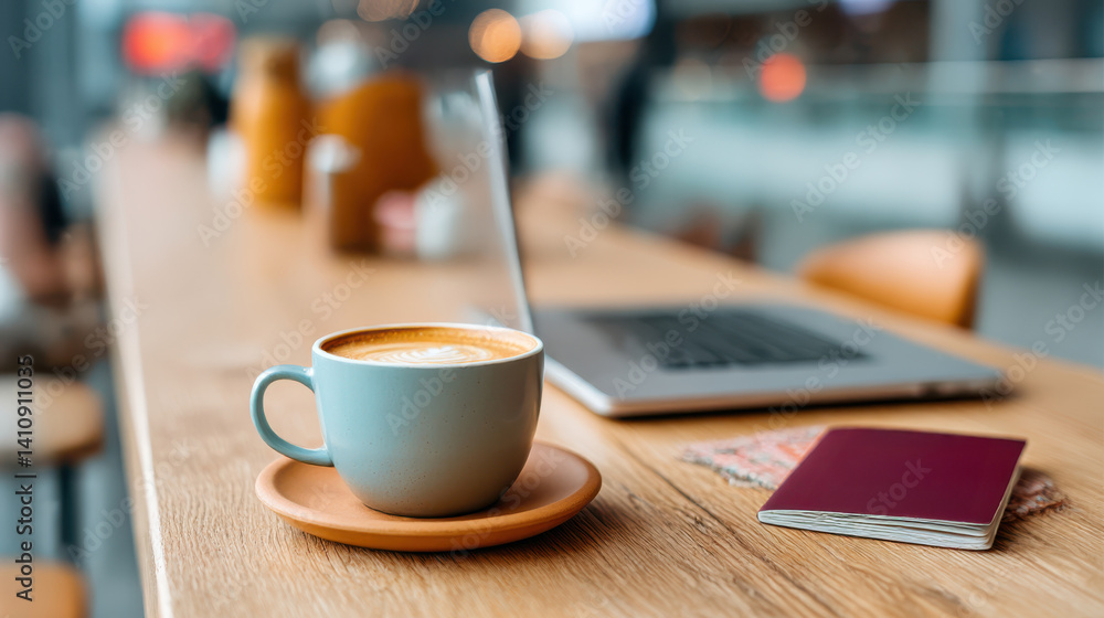 Coworking Passport style. Cozy cafe scene with coffee, laptop, and passport on a wooden table. Coworking Passport style. Cozy cafe scene with coffee, laptop, and passport on a wooden table.