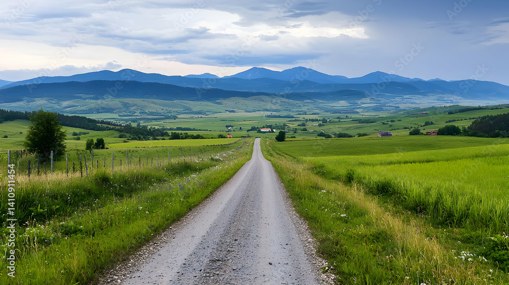 Scenic Country Road Through Green Fields And Hills Under Cloudy Sky Scenic Country Road Through Green Fields And Hills Under Cloudy Sky