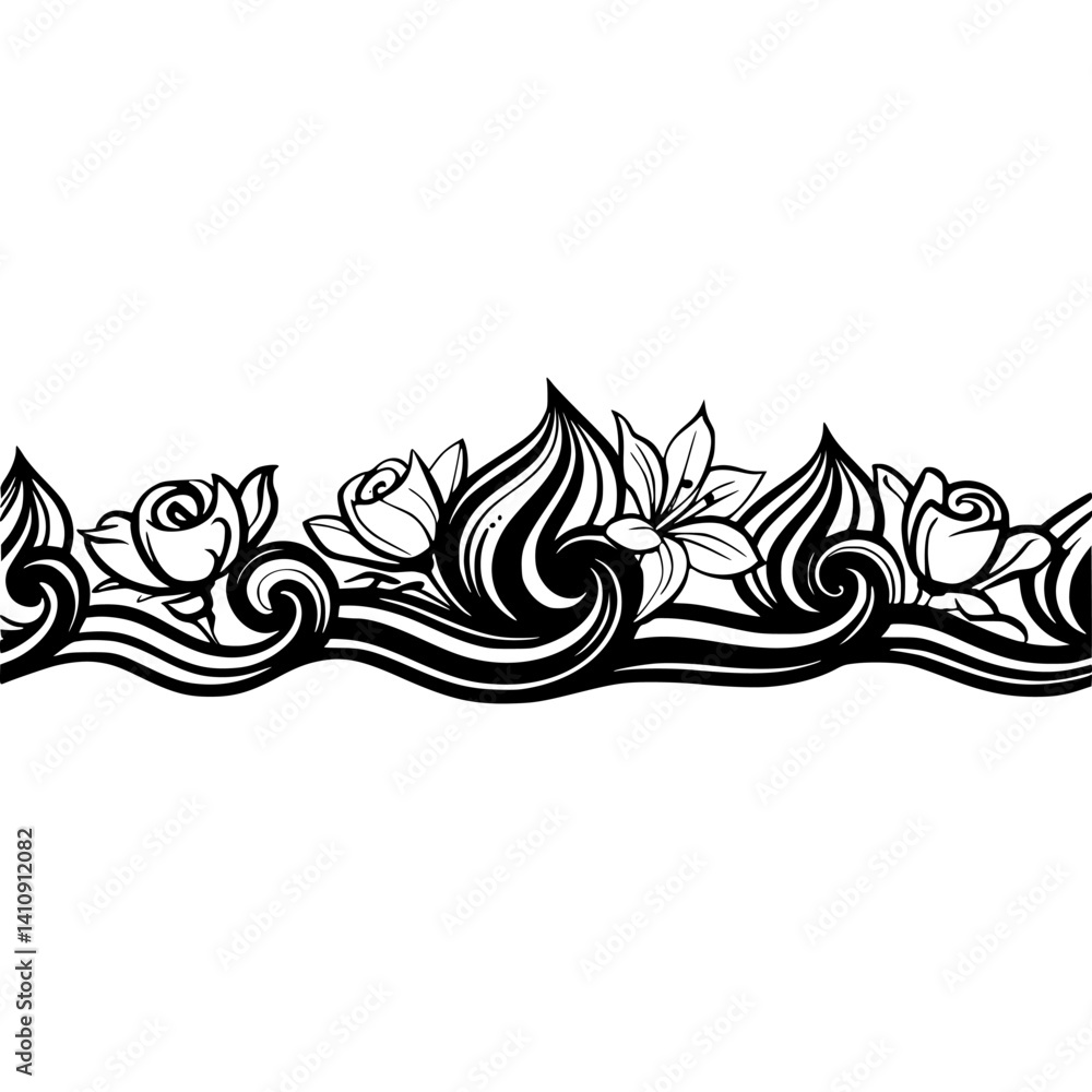 Fototapeta premium Elegant Floral Wave Border Vector, Black & White Decorative Design