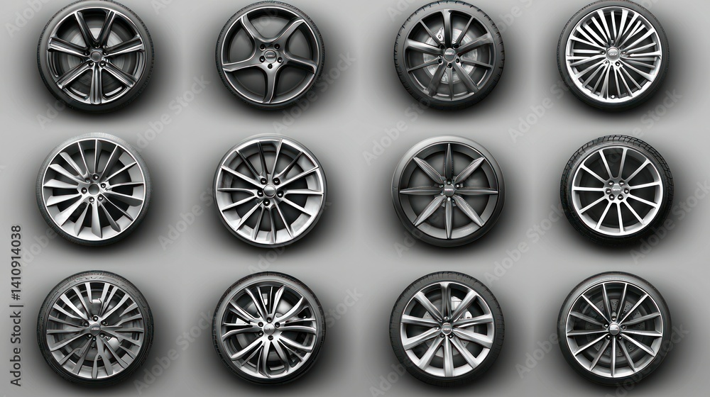 Alloy Wheels Twelve car rims with varied spoke patterns, tires, and shades of gray Alloy Wheels Twelve car rims with varied spoke patterns, tires, and shades of gray