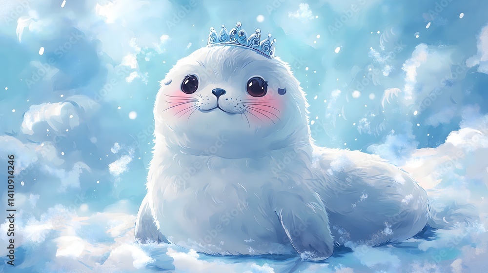 Obraz premium Adorable Royal Cute Seal: Whimsical Fantasy Art in a Winter Ice Seascape with Cheerful Marine Life Background