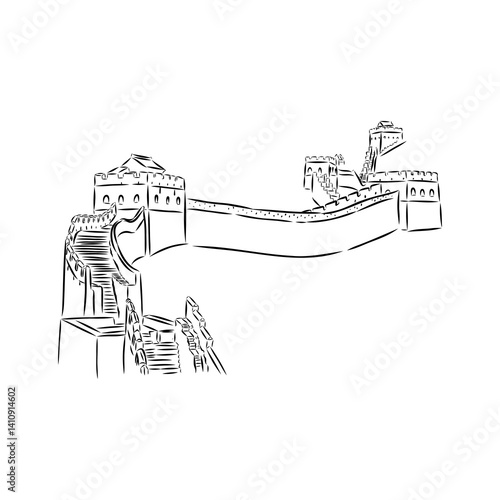 The great wall of china. Black and white illustration of Great Wall of China.
