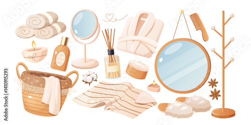 Scandinavian Bathroom home interior symbols includes bath towels,aroma diffuser, cosmetic bottles, fluffy bathrobe, laundry basket, burning candles, wooden hanger etc. isolated on white background.
