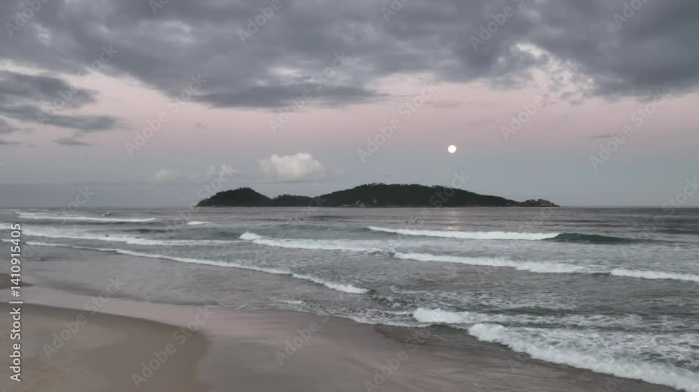 Moonrise in Campeche, Florianopolis, Brazil. Aerial view.