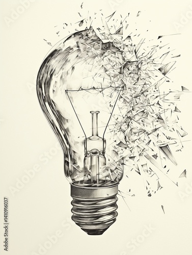 Minimalist ink sketch of a light bulb exploding in the dark — shattered but still whole — symbolizing the fragile yet powerful nature of ideas, inspiration, and innovation.
