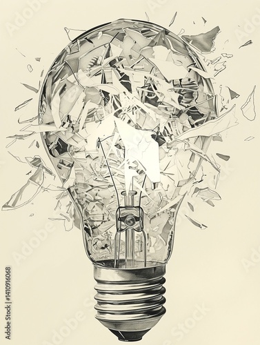 Minimalist ink sketch of a light bulb exploding in the dark — shattered but still whole — symbolizing the fragile yet powerful nature of ideas, inspiration, and innovation.