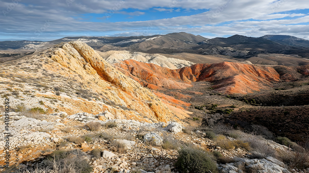 Obraz premium Colorful Rocky Landscape With Hills And Valley Under Cloudy Sky