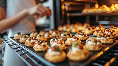 Baking Person presents tray of savory tarts fresh from the oven