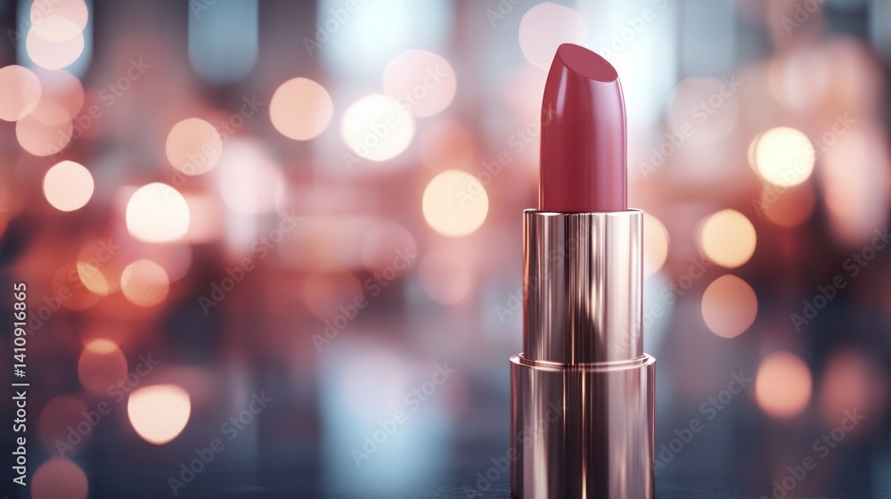 Luxurious crimson lipstick in a sophisticated gold casing, set against a backdrop of shimmering bokeh lights. A high-quality, glamorous beauty product Luxurious crimson lipstick in a sophisticated gold casing, set against a backdrop of shimmering bokeh lights. A high-quality, glamorous beauty product