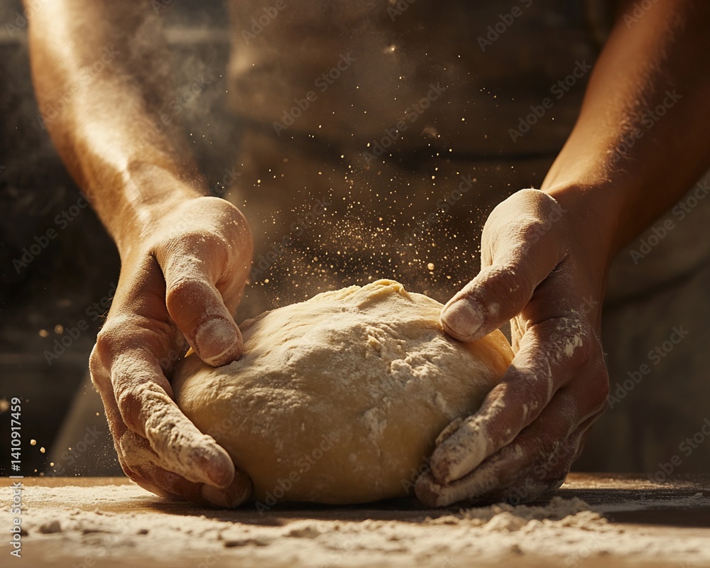 Baker's Hands Shaping Dough Ball with Flour Baker's Hands Shaping Dough Ball with Flour