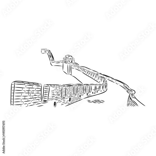 The great wall of china. Black and white illustration of Great Wall of China.