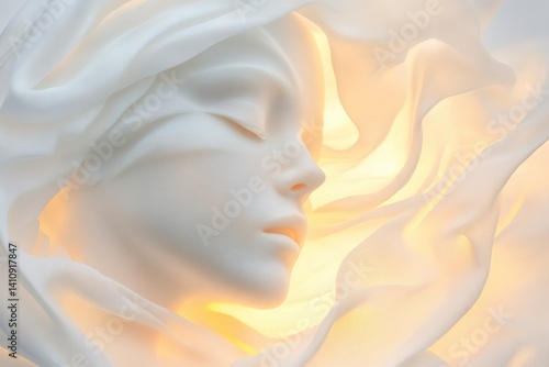 Woman's face with flowing white fabric