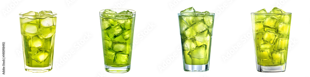 Refreshing Green Iced Drink in Glass – Lime Mojito or Green Tea Beverage with Ice Cubes, Isolated on Transparent Background Refreshing Green Iced Drink in Glass – Lime Mojito or Green Tea Beverage with Ice Cubes, Isolated on Transparent Background