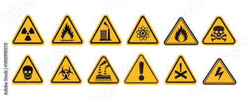 Warning Signs & Hazard Symbols, Yellow Triangle Safety Icons in Vector Style Art & Illustration