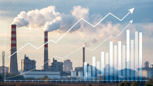 Air Quality and Environmental Impact. Industrial landscape with smoke stacks and rising graph overlay.