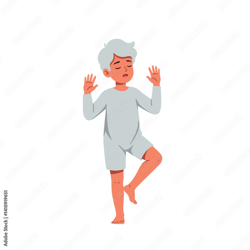 Young boy with white hair sleepwalking in pajamas minimal flat design with calm expression and gentle body posture vector illustration Young boy with white hair sleepwalking in pajamas minimal flat design with calm expression and gentle body posture vector illustration
