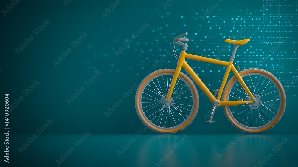Fototapeta premium Bright yellow bicycle positioned against a teal background with digital patterns, symbolizing modern transport